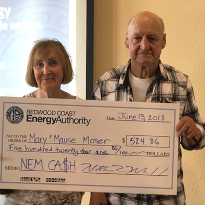 Mary and Maurie Moser, receiving the “Big Check” payout in May 2018 for generating more electricity than they used during the previous year.
