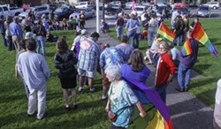 About 70 people gathered on the Arcata Plaza to celebrate the Supreme Court ruling on DOMA and Proposition 8. - KIM HODGES