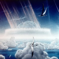 Artist Don Davis' impression of catastrophic impact (complete with pterodactyls) thought to have caused the extinction of the dinosaurs 65 million years ago.
