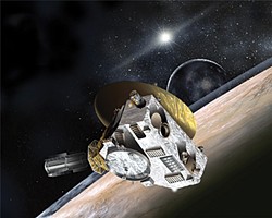 Artist's concept of NASA's New Horizons spacecraft flying by Pluto and Charon this July. The large dish antenna communicates with Earth, nearly 5 billion miles away. (Johns Hopkins University, public domain)