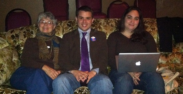 Brinton, center, with his mother, Susan Brinton (left), and Kaitlin Sopoci-Belknap on the night of his 2012 re-election. - FILE PHOTO