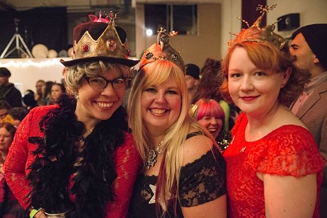 Former queens G-Ma (left) and Dinah Might (right) flank reigning queen Glitterina during the 2015 Rutabaga Ball at Redwood Raks World Dance Studio in Arcata. - MARK MCKENNA