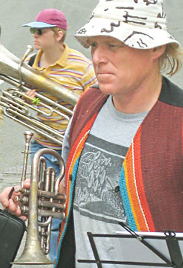 Gregg Moore leads Bandemonium, performing Mardi Gras music Saturday at Arcata Playhouse. Photo by Bob Doran.