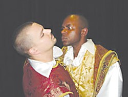 Jabari Morgan, as Othello, glowers at A.J. Stewart, as Iago, in the Shake the Bard production of Othello.