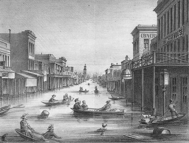 K Street, Sacramento, in the aftermath of the 1861-62 Great Flood. One-quarter of taxable real estate in California was destroyed, resulting in the state declaring bankruptcy. - LITHOGRAPH FROM U.S. GEOLOGICAL SURVEY
