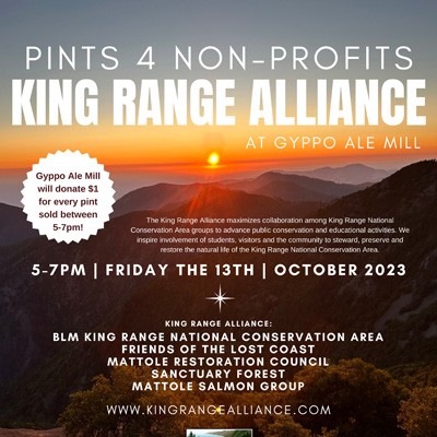 Poster for the King Range Alliance P4NP event at Gyppo Ale Mill in Shelter Cove, 10/13