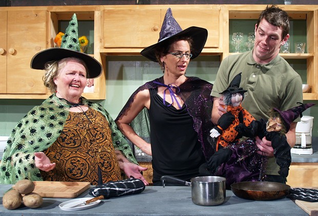 Laura Rose as Dolly, Kathleen Marshall as Isobel, Daniel Kennedy as Stephen in NCRT's The Kitchen Witches - COURTESY OF NCRT