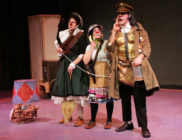 Lauren Wilson, Stephanie Thompson and Joe Krienke star in Dell'Arte's Three Trees: A clown play with rats and guns - PHOTO BY CAROL ECKSTEIN