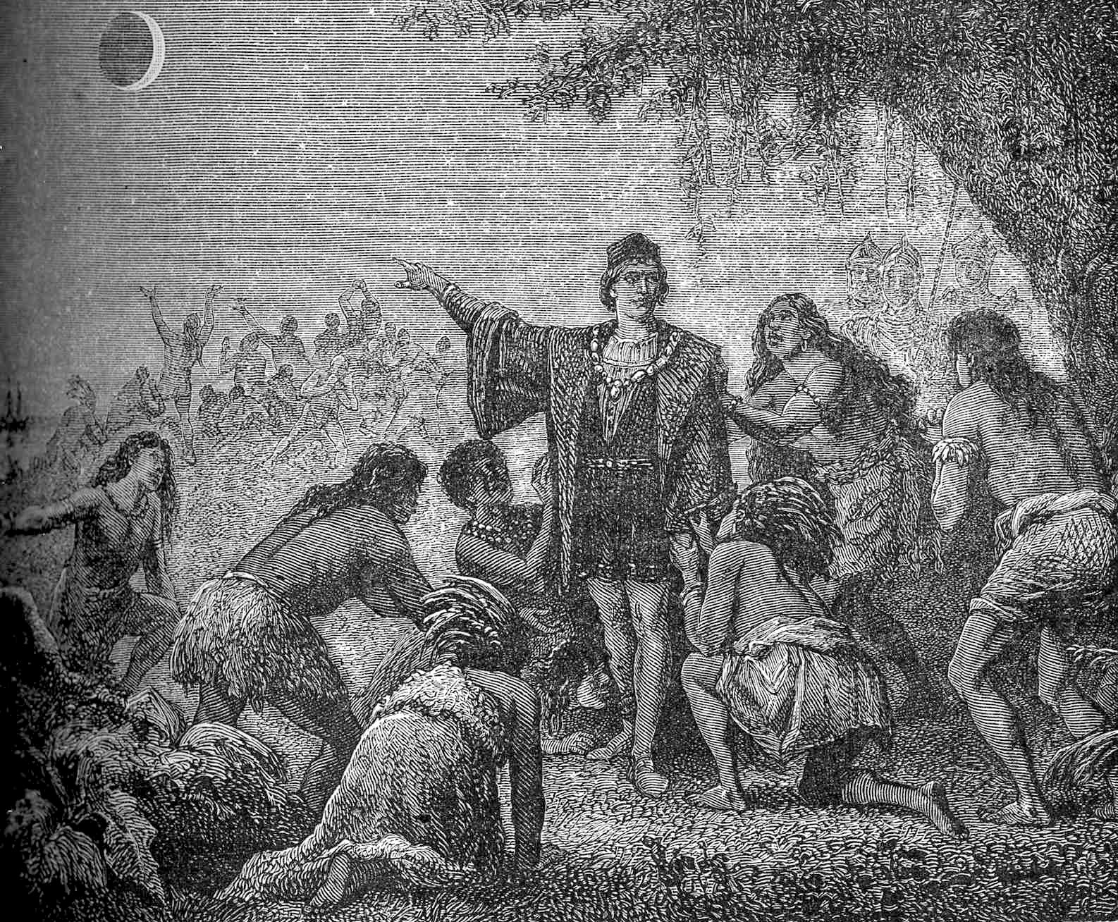 "L'éclipse de lune de Christophe Colomb." Columbus impressing local Jamaicans by foretelling the June 30, 1503 lunar eclipse. - FROM ASTRONOMIE POPULAIRE 1879, PUBLIC DOMAIN