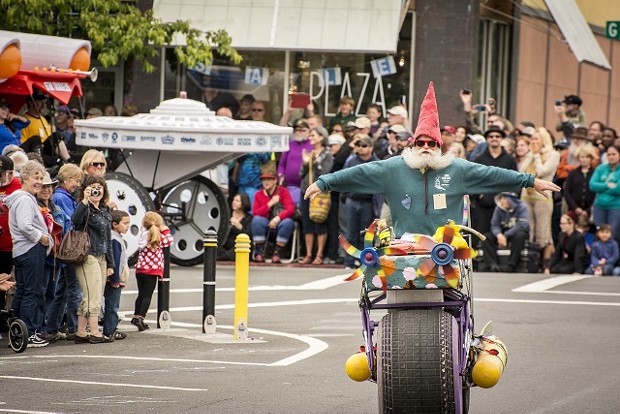 A gnome (racer Peter Wagner, of Davis) on the Bounce for Glory nears the starting line on the Arcata Plaza in 2014. - MARK LARSON