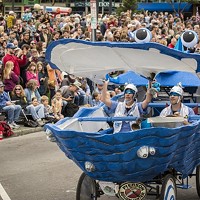 The Blue Oyster Cult nears the starting line on the Arcata Plaza at the Kinetic Grand Championship 2014.