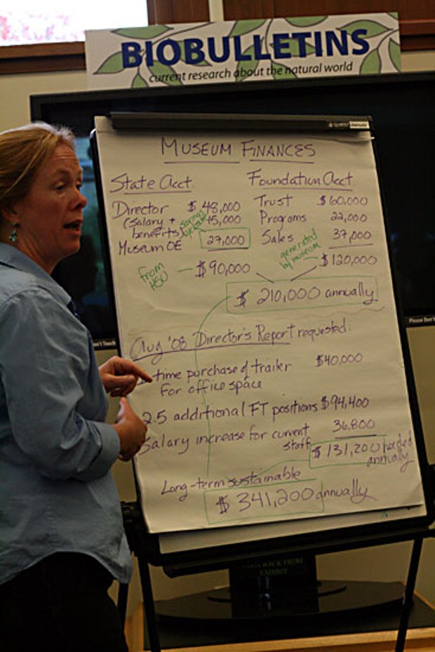 NHM board member Karen Reiss shows the projected budget laid out in the Crossroads report. Photo by Bob Doran