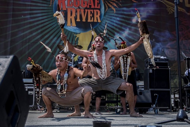 Karuk and Yurok men demonstrate a brush dance at the 30th Annual Reggae On The River 2014, Friday Aug.1. - ALEXANDER WOODARD