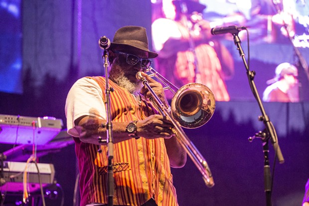 Ronald "Nambo" Robinson performing with Sly & Robbie and the Taxi Gang at the 30th Annual Reggae On The River 2014, Friday Aug. 1.