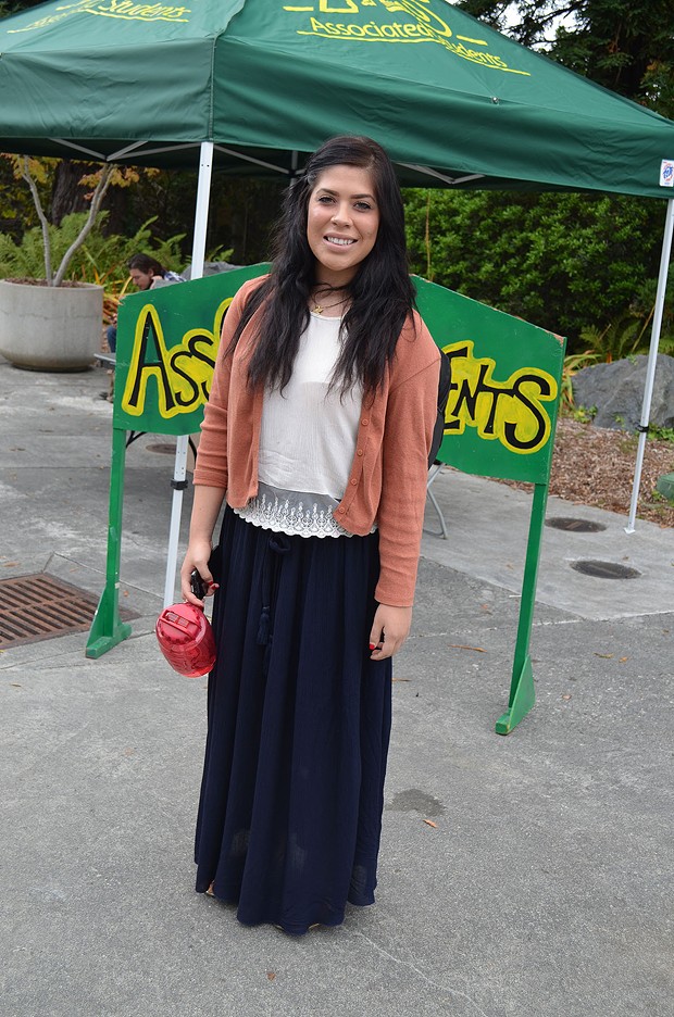 Senior business management student Michelle is originally from San Jose. She thinks Humboldt is a "cool place," and we think her long skirt is pretty cool, too. - PHOTO BY SHARON RUCHTE