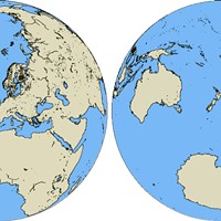 Slicing the Earth in two as shown maximizes the area of land in one hemisphere and of water in the other. The Land Hemisphere, left, contains seven-eighths of Earth's land.