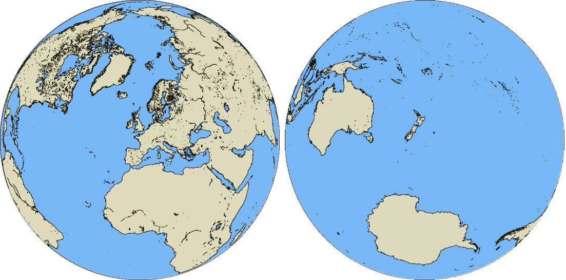 Slicing the Earth in two as shown maximizes the area of land in one hemisphere and of water in the other. The Land Hemisphere, left, contains seven-eighths of Earth's land. - REISO, PUBLIC DOMAIN