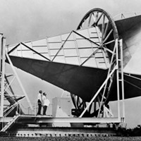 The Holmdel, N.J., horn antenna on which Penzias and Wilson (seen in the photo) discovered the cosmic microwave background radiation in 1965.