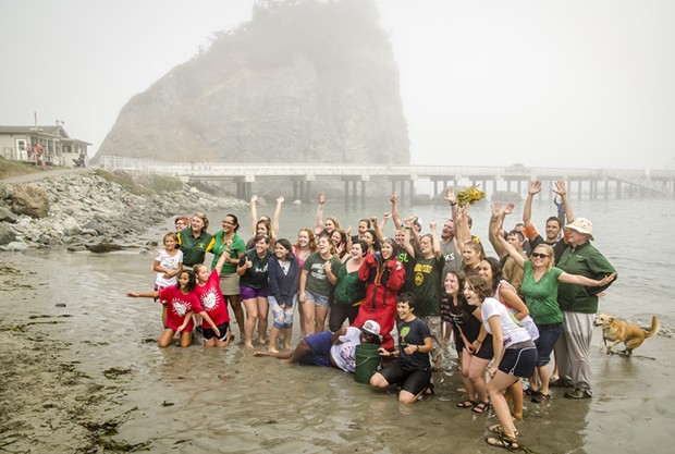 The HSU group takes a moment to pose for the camera after the plunge. - MARK LARSON PHOTOGRAPHY