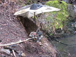 COURTESY OF THE CALIFORNIA DEPARTMENT OF FISH AND GAME. - “This photo is classic,” Jane Arnold of Fish and Game wrote, “with fuels and lubricants able to go in the water, no fish screen etc.”  It was taken in the South Fork Eel watershed, on a tributary that has steelhead trout.