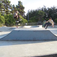 Timothy Garcia, left, and Vincent Peinado on the pyramid at the Arcata Skate Park.