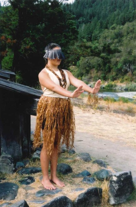 Melitta Jackson in the traditional Steller's jay veil, pine nut necklaces and bark skirt for her Flower Dance ceremony. - PHOTO BY TRISH OAKES, COURTESY OF MELITTA JACKSON AND MARLETTE GRANT-JACKSON
