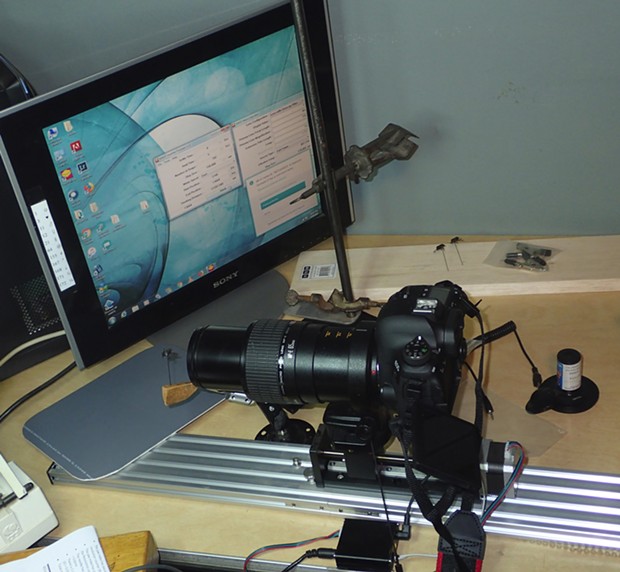 The setup. Canon 6D mk II, MPE 65 1-5X lens, mounted on StackRail controlled by an old spare Windows 7 computer. - PHOTO BY ANTHONY WESTKAMPER