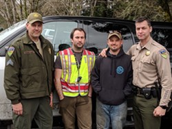 (Left to right): Humboldt County Sheriff's Sgt. Kerry Ireland, Abraham Hill, Delbert Chumley and Sheriff William Honsal pose after Chumley and Hill found the girls. - FACEBOOK