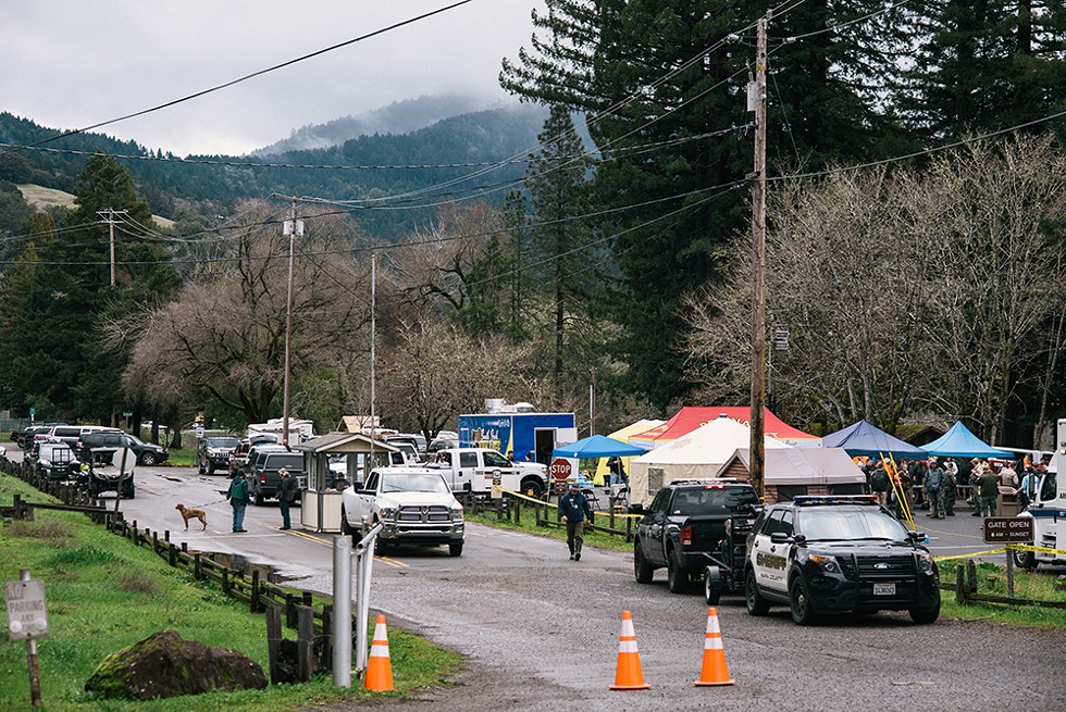 The staging ground for law enforcement conducting the search for 8-year-old Leia Carrico and 5-year-old Caroline Carrico, who went missing in the woods near their home in Benbow on March 1. - PHOTO BY ALEXANDRA HOOTNICK