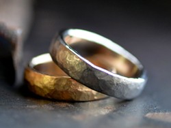 14k yellow gold + 14k white gold rings with brushed finsh by Rachel Smith of OTJ.