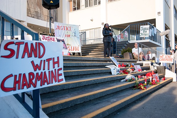 Charmaine Lawson speaks at a vigil at the Humboldt County Courthouse after a criminal grand jury declined to hand up indictments in the stabbing death of her son. - PHOTO BY MARK MCKENNA