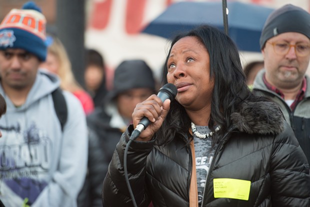 Charmaine Lawson speaks to the crowd gathered to honor her son and demands justice for him on the second anniversary of his killing. - MARK MCKENNA