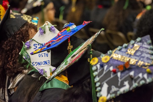Creative mortarboard caps worn by graduating seniors at Friday and Saturday ceremonies at HSU. - PHOTO BY MARK LARSON