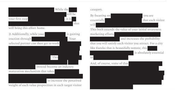 A page of heavily redacted text in the copy of Eddy Alexander's marketing proposal released to the Journal. - SCREENSHOT