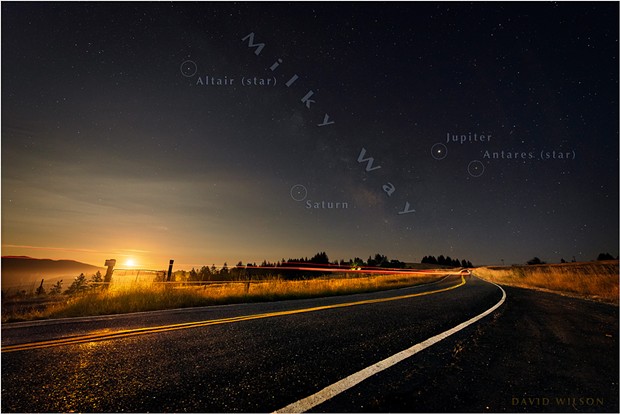 A snapshot of the night from July 18, 2019, shows the planets Saturn and Jupiter guiding the Milky Way across the sky. The moon, waning but still 98 percent full, had just risen in the southeast. - DAVID WILSON