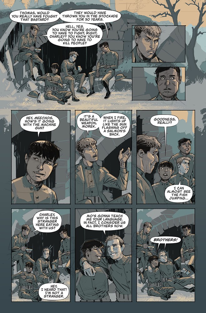 Lowry: "This is the most poignant page in the book to me. The young men are having a last meal before going to war. The lighting Rahsan uses is perfect: The sun's rays are fading, the men's youthfulness is going away forever. The color shading is soft, the last words are "Brothers." The very next page shows the old man Pershing talking and sending the boys to the fight. Because it's always old men who send young men to battle and death... The battle scenes feature the Native men in central casting. We view the emotions and horrors through their facial expressions, which is something I've never seen in any war movies, comics or books." - COMIC WRITTEN BY CHAG LOWRY, ILLUSTRATED BY RAHSAN EKEDAL