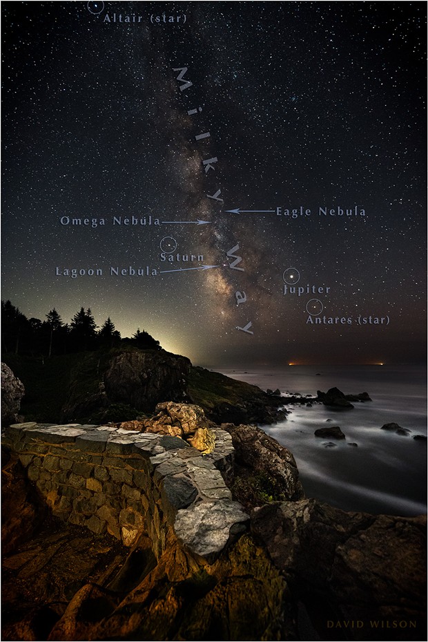Too numerous to label, stars, nebulae and planets abound in this image with some of the notable objects annotated. Not labeled is the Dark Horse Nebula; its foot is standing on Jupiter, can you spot it? Pacific Ocean, Humboldt County, California. September, 2019. - DAVID WILSON