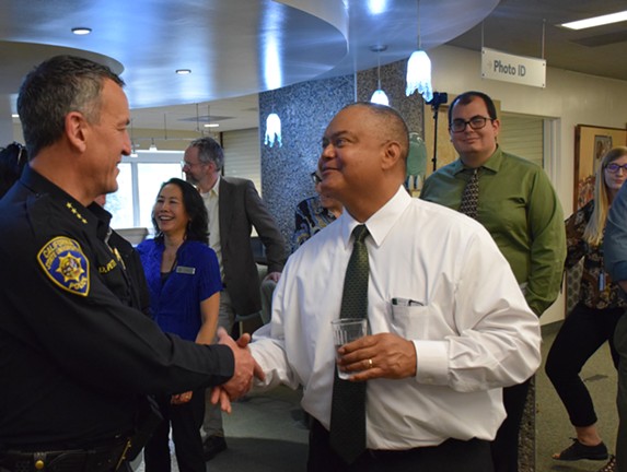 New HSU President Tom Jackson Jr. introducing himself to HSU Police Chief Donn Peterson. - IRIDIAN CASAREZ