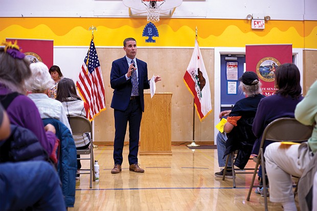 North Coast state Sen. Mike McGuire talks about the PG&amp;E blackout at an Oct. 10 community meeting in Blue Lake. - PHOTO BY SAM LEISHMAN