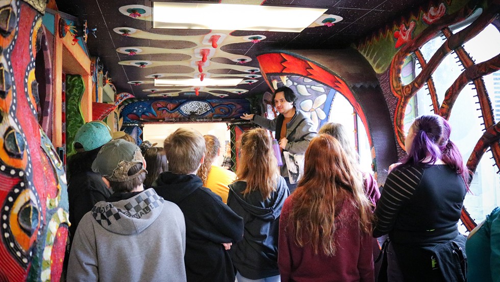 HSU student ambassador Garrett Vallejo gives a tour of the HSU Art Building during an "I've Been Admitted to College" tour. - PHOTO BY IRIDIAN CASAREZ