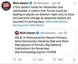 Screenshots of Tweets from Rick Hansen: "If this pattern holds for November and nationwide, it means that Trump could be leading in places on election night only to have the outcome change as absentee ballots are counted in coming days. @BrendanNyhan @cstewartiii @Nedfoley," "#ELB: In Pennsylvania's Recent Primary More Democrats Voted by Mail and More Republicans in Person: Big National Implications for November electionlawblog.org/?p-112359."