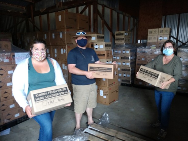 Dianna Rios, executive director of the Fortuna Business Improvement District, Scott Adair, director of the County Office of Economic Development and Susan Seaman, program director at AEDC, are preparing to hand out COVID-19 supplies to local businesses. - SUBMITTED