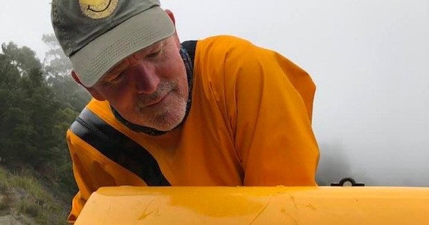 David Alexander and the shark’s toothmarks in his kayak.  David Alexander - COURTESY OF DAVID ALEXANDER