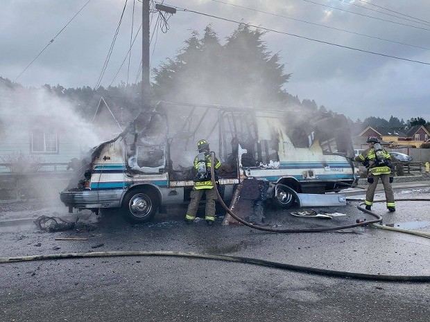 Firefighters extinguish a blaze in a motorhome this morning. - MARK MCKENNA