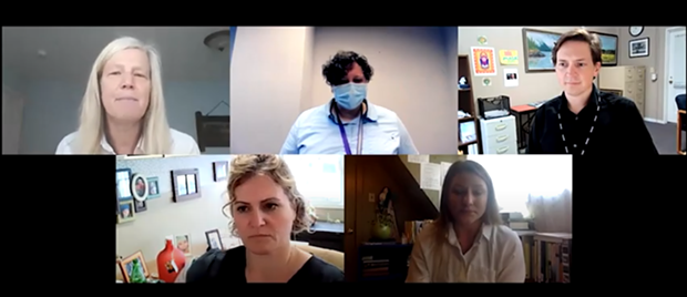 Clockwise from top left: Behavioral Health Director Emi Botzler-Rodgers, Joint Information Center spokesperson Meriah Miracle, County Health Officer  Ian Hoffman, Vaccine Task Force member Lindsey Mendez and Public Health Director Michele Stephens. - SCREENSHOT