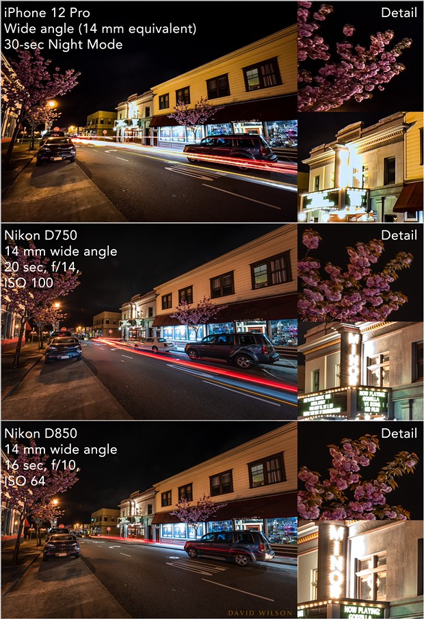 The iPhone 12 Pro’s Night mode did very well on Arcata’s well-lit H Street at the Arcata Minor Theatre. With enough light from the city’s lights and passing cars, there was very little problem with noise (the grainy look). Compared to the Nikons, though, detail was lost in the highlights and shadows — note how the theatre’s name is blown out on the marquee. In all examples here, the size of the detail images reflect the higher resolutions of the Nikon D750 and D850, respectively. - DAVID WILSON