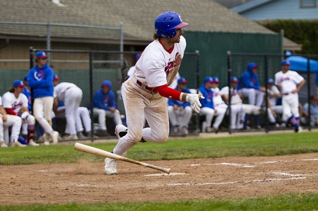 Crabs third baseman David Morgan (#20) leaves the batter's box after putting the ball in play against the Seattle Studs on June 20, 2021. - THOMAS LAL