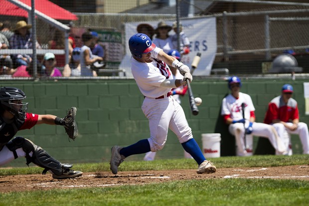 Crabs catcher Dylan McPhillips (#7) makes contact with a pitch to hit a single while facing the Seattle Studs in the final game of a four-game series at Arcata Ballpark on June 20, 2021. - THOMAS LAL