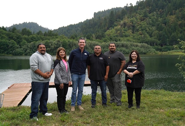 (From left) Yurok Tribal Council Representative Ryan Ray, Tribal Council Representative Sherri Provolt, California Gov. Gavin Newsom, Chair Joseph L. James, Vice Chair Frankie Myers and Tribal Council Representative Lana McCovey. - SUBMITTED