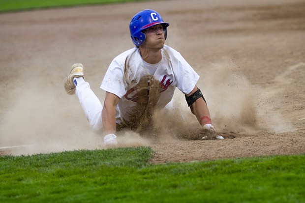 Crabs third baseman Drake Digiorno (No. 1) slides into third base for a triple before heading toward home plate to score on an error while playing against the NorCal Warriors at Arcata Ballpark on June 30, 2021. - THOMAS LAL
